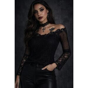 Vintage Sagaie Paris Gothic Blouse black sheer lace flower neck details US 4-6